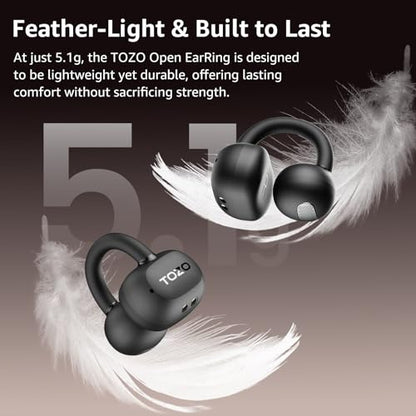 TOZO OpenEarRing Open Ear Earbuds 40H Bluetooth 5.4 Lightweight Comfort | Open Ear Clip On Wireless Earbuds with Smart Digital LED Display, Stable Connection, Secure Fit for Driving Workout Black - color: Black