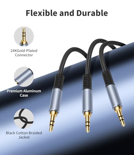 1/8" TRS Stereo Splitter Cable 3.3FT(Splitter 20cm), Male to Dual Male, 3.5mm Y-Splitter Stereo Cable, for Speakers, Headphone, Cell Phone PC Laptop, Perfect for Switching or Two Sets of Speakers - size: 3.3FT