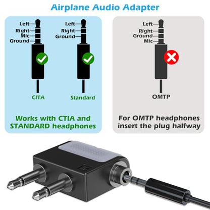 KAIY Dual 3.5mm Male to 3.5mm Female Airplane Headphone Adapter | Airplane Jack Adapter for Headphones Plane Splitter, Dual Jack Flight Connector for EVA Airlines/Delta/Emirates 2 Pack - color: Black Gray+white Gray