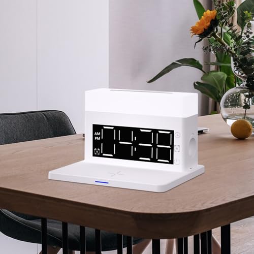 IHAO 6in1 Smart Alarm Clock with Wireless Charger RGB Mood Light 15W Fast Wireless Charging for All Qi Phone TWS Headphone Compliant with i-Watch 7 Color Night Light Large Digital Display-White - color: Multifunctional Alarm Clock White