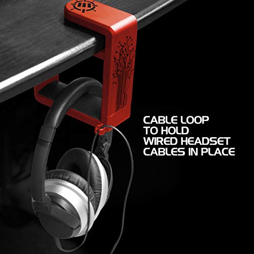 ENHANCE PC Gaming Headphone Holder - Desk Headphone Hanger Esports Headset Holder with Adjustable 360 Rotation, Under Desk Hook Clamp, Universal Fit - Built in Cable Clip Organizer - Red - color: Red
