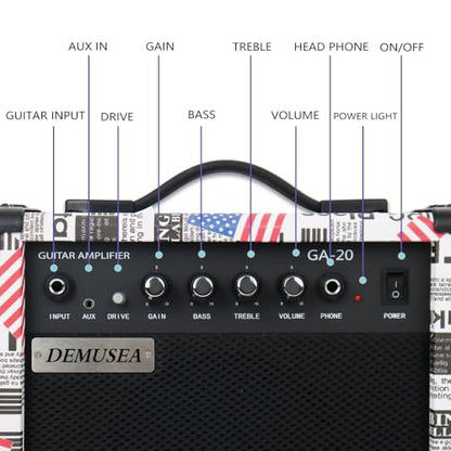 20W Electric Guitar Amplifier Flag Amp Practice Small Portable Travel Mini with Headphone Jack Aux Distortion Gain Treble Bass Volume With 3 Meters Cable Audio Adapter Picks Aux Cable Earphone - color: Flag