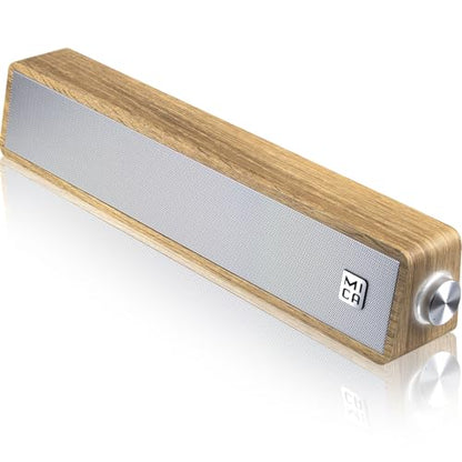 MICA Computer Speakers, Vintage Wired Computer Sound Bar, Retro Wooden Mini Soundbar, USB Powered PC Speakers for Desktop Monitor, Laptop, Tablet, 3.5mm Aux Connection, Angled (Yellow)