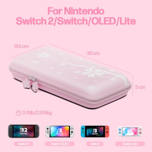 Mytrix Cute Carrying Case for Nintendo Switch/Switch 2/OLED/Lite, Portable Hard Shell Pouch for Switch Console Accessories Protective Travel Storage Bag for Switch with10 Game Card Slots, Pink Sakura