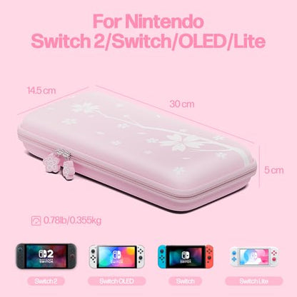 Mytrix Cute Carrying Case for Nintendo Switch/Switch 2/OLED/Lite, Portable Hard Shell Pouch for Switch Console Accessories Protective Travel Storage Bag for Switch with10 Game Card Slots, Pink Sakura