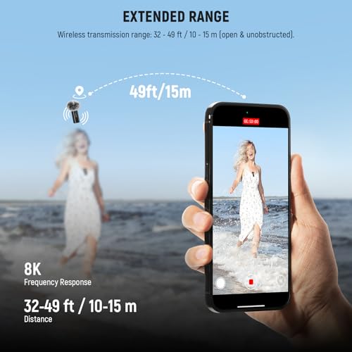 NEEWER KM23B Wireless Lavalier Microphone Bluetooth App Control, Compatible with iPhone Android Phone 8Hrs Battery Vocal Enhancement Noise Cancellation Volume Adjustment Low Cut for Streaming Vlogging