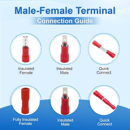 BAOMAIN 0.11" Female & Male Spade Terminals Kit 22-16 AWG 200-Pack - size: Male and Female