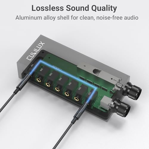3.5mm 6-in-1 Stereo Audio Switcher with Volume Control & Mute, 6 Input to 1 Output Audio Selector Box for Headphones, Speakers, Laptop, PC, Smartphone, and Tablet