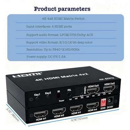 4K 4x2 HDMI Matrix Switch with 3.5mm Stereo Audio Extractor and Audio Optic Output, 4 in 2 Out Video Switcher&Splitter, Support HDMI 2.0 4K@60Hz