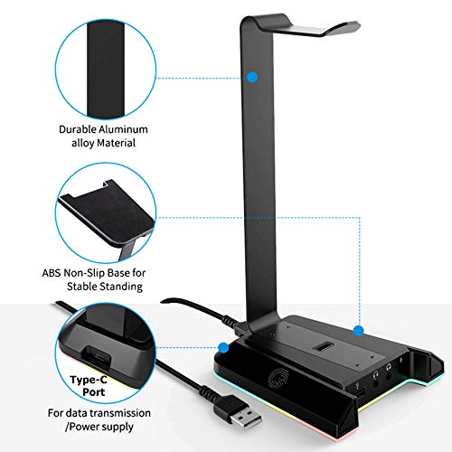 EKSA Headphone Stand, RGB Gaming Headset Stand for Desk with 7.1 Surround Sound, Headphone Holder with 3.5mm Aux and 2 USB Ports, Aluminum PC Gamer Headset Accessories for All Headphones Size