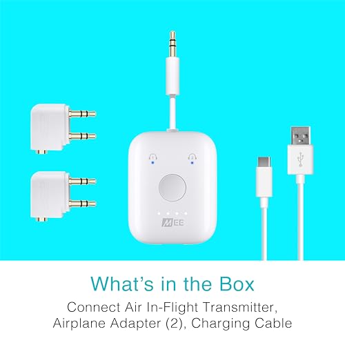 MEE audio Connect Air in-Flight Bluetooth Wireless Audio Transmitter with 2-Pack Airplane Adapter, for up to 2 AirPods/Other Headphones; Works with All 3.5mm AUX Jacks, White - color: White