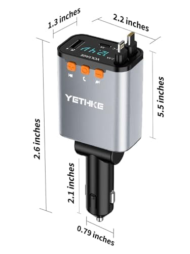 Bluetooth Car Adapter with Retractable Charger,[Upgrade] Bluetooth 5.4 FM Transmitter for Cars, 4 in 1 Fast Car Charger 69W, Handsfree Call, 2*Retractable Cable for iPhone 17/16/15/14, Galaxy-Silver - color: Silver