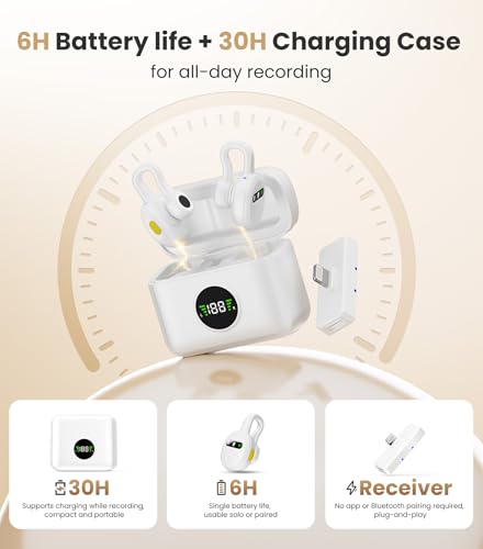 Tisino Wireless Mini Clip-on Microphone for iPhone, Vlog/Interview, White | Mini Clip-on Lapel Mic with Charging Case for YouTube TikTok Vlog Podcast Interview Plug and Play Noise Reduction Microphone - color: White