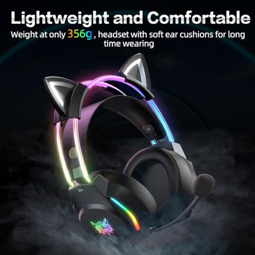 Gaming Headset with Microphone, Cat Ear Headphones for PC Laptop PS4 PS5 Xbox Switch, Rainbow RGB Lighting & Virtual Surround Sound, 3.5mm Wired Over Ear Headphones, Ergonomic - color: Black Cat Ear