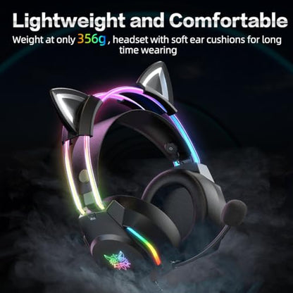 Gaming Headset with Microphone, Cat Ear Headphones for PC Laptop PS4 PS5 Xbox Switch, Rainbow RGB Lighting & Virtual Surround Sound, 3.5mm Wired Over Ear Headphones, Ergonomic - color: Black Cat Ear