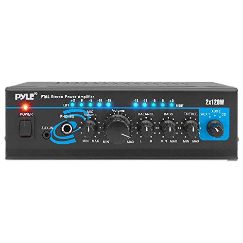 Home Audio Power Amplifier System - 2X120W Mini Dual Channel Mixer Sound Stereo Receiver Box w/ RCA, AUX, Mic Input - For Amplified Speakers, PA, CD Player, Theater, Studio Use - Pyle PTA4 Black