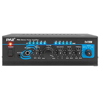 Home Audio Power Amplifier System - 2X120W Mini Dual Channel Mixer Sound Stereo Receiver Box w/ RCA, AUX, Mic Input - For Amplified Speakers, PA, CD Player, Theater, Studio Use - Pyle PTA4 Black