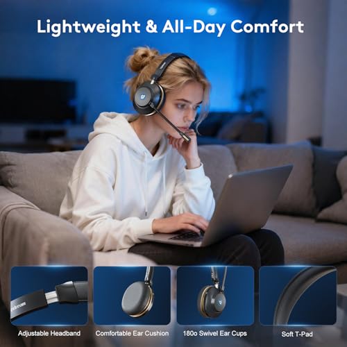 Wireless Headset With Microphone, Bluetooth 5.3 Headset With 45H Battery | Bluetooth 5.3, 45H Talk Time, Mute Button, Charging Base, Protein Leather Cushions for Work Calls and Online Meetings
