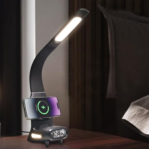 IHAO Multi Functional Smart Eye-Care Desk Lamp Wireless Charger & Digital Alarm Clock Gesture Control Adjustable Light 15W Fast Charging Hidden Phone Stand, Date Timer Display Wake-Up Light-TX79 Black - color: Table Lamp TX79 Black