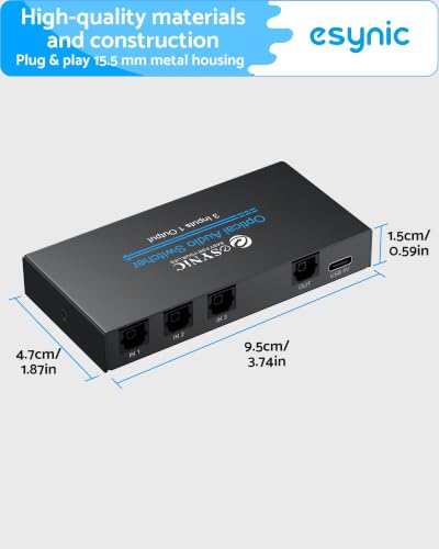 eSynic Portable Digital Optical Audio Switcher 3 in 1 Out-Aluminum Alloy | USB Powered-IR Remote Control-Works with Dolby Digital and DTS Audio Formats From PS4/Blue-Ray/DVD/HDTV to Optical Soundbar