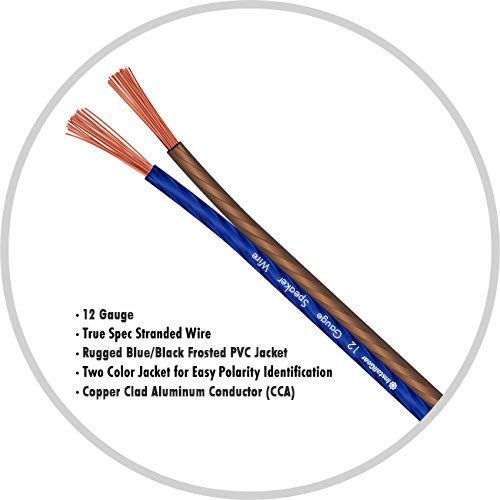 12 Gauge Speaker Wire 250ft Roll - Flexible - 12 Gauge Wire for Car Audio & Home Theater, Stereo, Outdoor Use - Copper Clad Aluminum, Blue and Black Jacket - size: 12 Gauge (CCA) - 250 Ft