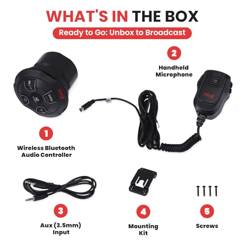 Marine Bluetooth Receiver Microphone Kit - Waterproof Audio Entertainment System Set w/ 2-Channel Wireless BT Controller, Handheld Broadcasting Mic - Car, Truck, ATV, UTV, 4x4, Boat