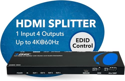 OREI 1x4 2.0 HDMI Splitter with Scaler Audio Extractor 4 Ports with Full Ultra HDCP 2.4K at 60Hz & 3D Supports EDID Control - UHDS-104A | Supports audio de-embedding from HDMI signal source to optical and analog audio output ports. Supports analog audio P