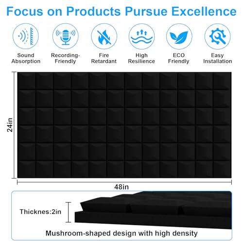 4 Pack Acoustic Foam Panels - 48"×24"×2" Sound Proof Foam Panels for Walls, High Density Black Sound Deadening Absorbing Foam Panels for Home Office Recoding Studio - color: 4Pack Mushroom-shaped