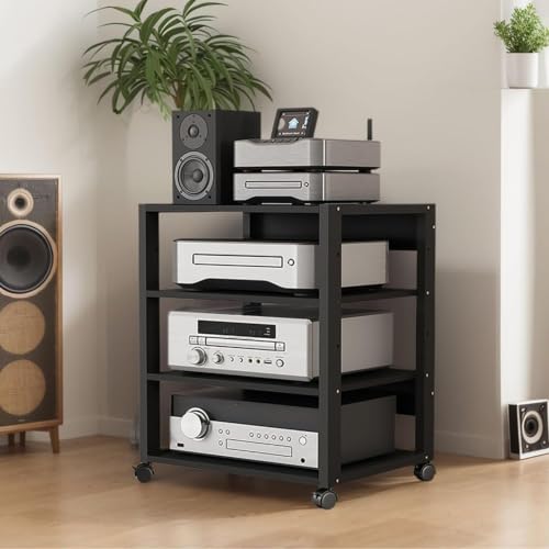 4 Tier Audio Rack AV Media Player Stand Stereo Cabinet | Floor-Standing CD DVD Record Player Stand, Movable Component Storage Shelf with Wheels for Home Theater, Black - size: 4 Tier
