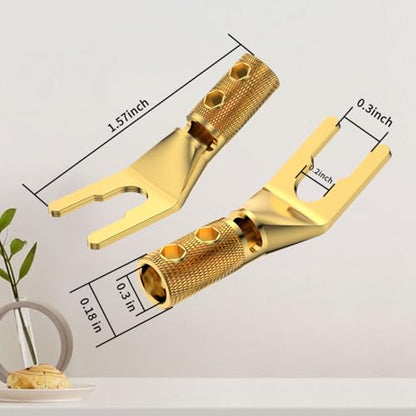 4PCS Spade Connector,45 Degree Pure Copper Audio Fork Y Spade Plug DIY with Heat Shrink Tubing and Hex Wrench,Double Screw Locking Speaker Cable Plug for Speaker Cables (Knurled Gold Plated) - color: Gold Plated Knurled Style