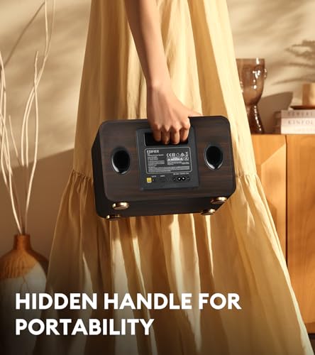 Edifier D32 Retro Wooden Tabletop Wireless Speaker AirPlay2, Black Walnut | 60W RMS, Dual Hi-Res, Bluetooth5.3, Hi-Res Audio, ALAC, LDAC, 11H Battery, DSP Crossover, MDF Retro Cabinet, USB-C, AUX Input - color: Black Walnut