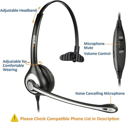 Wantek Telephone Headset Corded RJ9 Headphone with Mic & Noise Cancelling Phone Headsets Compatible with Plantronics Polycom VVX310 410 Yealink S12 Avaya 1408 1416, Landline Phone Headset - size: 600rj