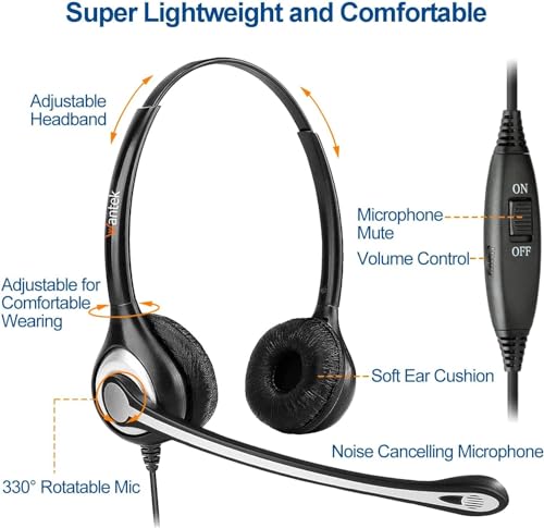 Wantek Corded Telephone Headset Dual w/Noise Canceling Mic Compatible with Avaya Aastra Allworx Adtran Alcatel Lucent AltiGen Digium Gigaset InterTel Mitel Plantronics Landline Deskphones(F602S1)