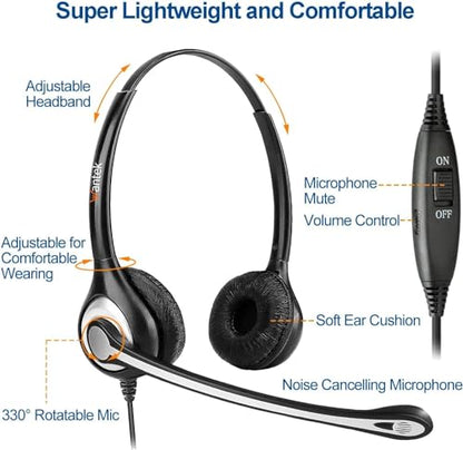 Wantek Corded Telephone Headset Dual w/Noise Canceling Mic Compatible with Avaya Aastra Allworx Adtran Alcatel Lucent AltiGen Digium Gigaset InterTel Mitel Plantronics Landline Deskphones(F602S1)