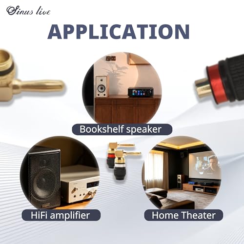 KCT 24K Real Gold Plated Right-Angle Speaker Banana Plugs Fast Lock 6 Pairs(6 red +6 Black) Quick Connect 90 Degree