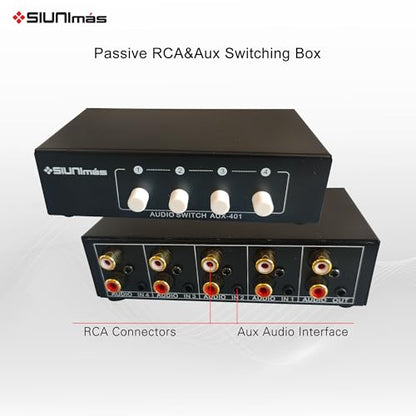 4-in 1-Out RCA and 3.5mm Aux Audio Receiver Switching Box 4 Channels Audio Converter Passive Audio Selector Switch Box 1-in 4-Out (S401-RCA AUX)