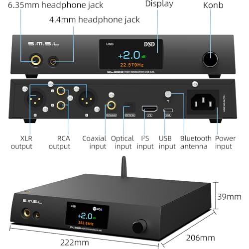 S.M.S.L DL300 Audio DAC with Headphone Amplifier, AK4499EX+AK4191EQ Chip, PCM 32bit/768kHz DSD Native DSD512 XMOS XU-316,USB/Optical/Coaxial/Bluetooth/I2S Input with Remote Control