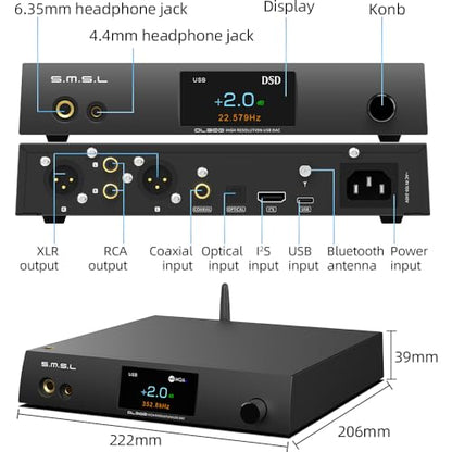 S.M.S.L DL300 Audio DAC with Headphone Amplifier, AK4499EX+AK4191EQ Chip, PCM 32bit/768kHz DSD Native DSD512 XMOS XU-316,USB/Optical/Coaxial/Bluetooth/I2S Input with Remote Control