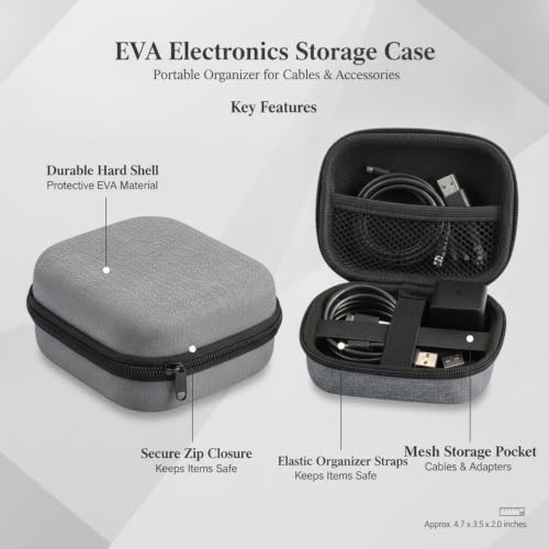 Compact EVA Case for Cables, Earbuds & Small Electronics - Portable Zippered Organizer Pouch, Gray