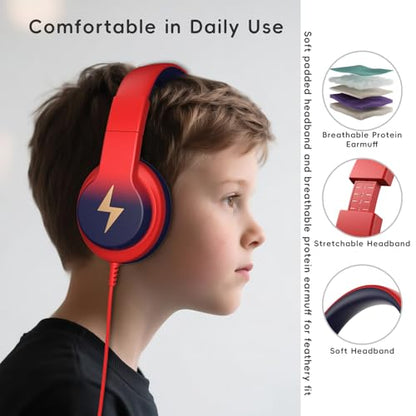 Candy Bila Wired Kids Headphones for School, Over-Ear for Boys Girls | Volume Limiter 85/94dB, HD Stereo Sound, Microphone and Wired Control,Foldable Design, Gradient red to dark blue - color: Gradient Red to Dark Blue