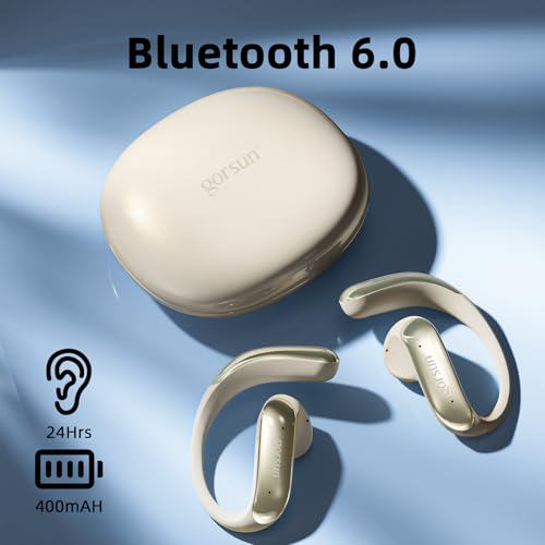 Open Ear Bluetooth Headphones Wireless, Touch Control Earphones Lightweight Design, Bluetooth 6.0, 20H Playtime,Built-in Mic,Ear Hooks Ear Buds Design, Wireless Bluetooth Headset for Work - color: Beige