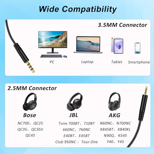 Replacement Bose Headphone Aux Audio Cable, 2.5mm Male to 3.5mm Male | Headset Audio Cord Compatible with Bose QC25, QC35, QC45, NC700, JBL Tune 710BT 660NC, in-line Mic, Volume Control
