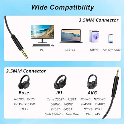 Replacement Bose Headphone Aux Audio Cable, 2.5mm Male to 3.5mm Male | Headset Audio Cord Compatible with Bose QC25, QC35, QC45, NC700, JBL Tune 710BT 660NC, in-line Mic, Volume Control