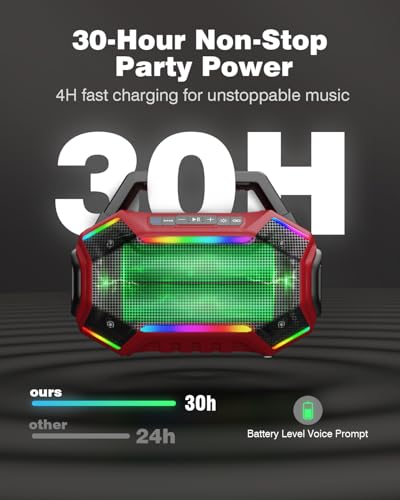 Qozybuds Bluetooth 6.0 Speaker, 80W(Peak) Loud Speaker with Bass, 30H Working Time, IPX6 Waterproof Large Jobsite Speakers with TWS, RGB Lights for Work, Outdoor, Workshop, Garage (Red)