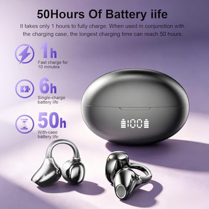 Clip-On Earbuds Open-Ear Wireless Bluetooth 6.1 Headphones with Mic,Bone conduction headphones, Secure Fit for Small Ears & Glasses Wearers,LED digital display, IPX7 Waterproof Sport Ear Buds(Black)