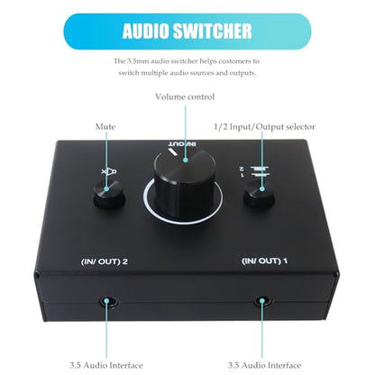 3.5mm L/R Stereo Audio Switch 2-Way Switcher Manual Selector 2(1)-in-1(2)-Out 3.5 mm Audio Selector, Plug & Play