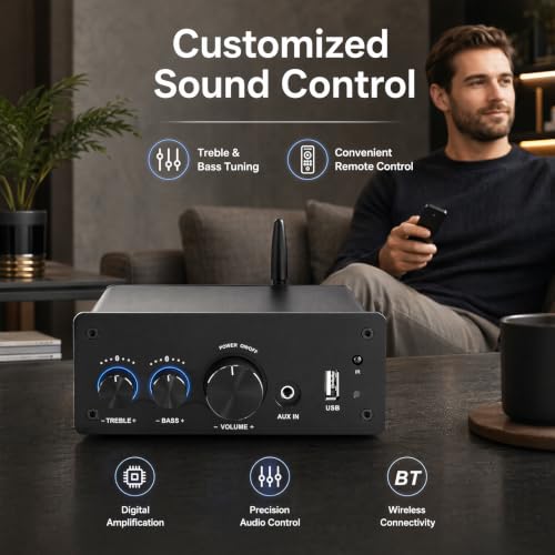 LONPOO 200W Bluetooth Audio Amplifier with DAC for Bookshelf Speaker HiFi | TPA3116 Chip, 2.0 Channel, Optical Coaxial USB RCA Aux Input, Plug and Play, Low Distortion, Black - color: all black