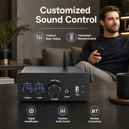 LONPOO 200W Bluetooth Audio Amplifier with DAC for Bookshelf Speaker HiFi | TPA3116 Chip, 2.0 Channel, Optical Coaxial USB RCA Aux Input, Plug and Play, Low Distortion, Black - color: all black