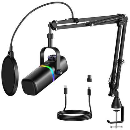 AK-10 USB Gaming Microphone Wtih AK-35 Arm, Condenser Microphone for PC/MAC/PS4/PS5/Phone-Cardioid Mic with RGB Lighting - color: Metallic