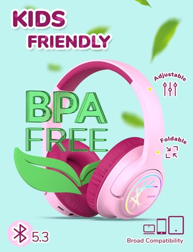 iClever BTH18 Kids Bluetooth Headphones LED Lights for Toddler Boys Girls | SafeSound Tech, 43H Playtime Stereo Sound, USB C Charging AUX Cable, Over Ear Kids Headphones Wireless for iPad/Tablet/Travel - color: A-Blossom Pink